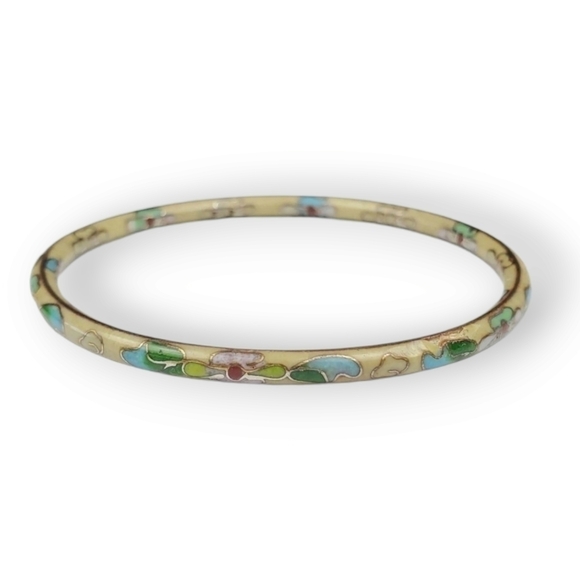 Vintage Cloisonne Bangle Bracelet Floral Cherry Blossom Multicolor Enamel Brass - Picture 1 of 6